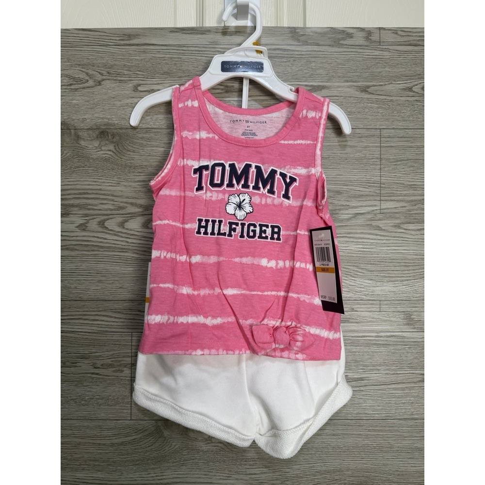 TOMMY HILFIGER Toddler Girls Tie-Front Tank Rolled Shorts Pink/White Size 3t